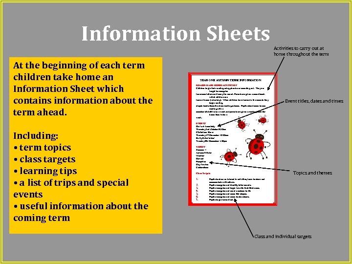 Information Sheets At the beginning of each term children take home an Information Sheet