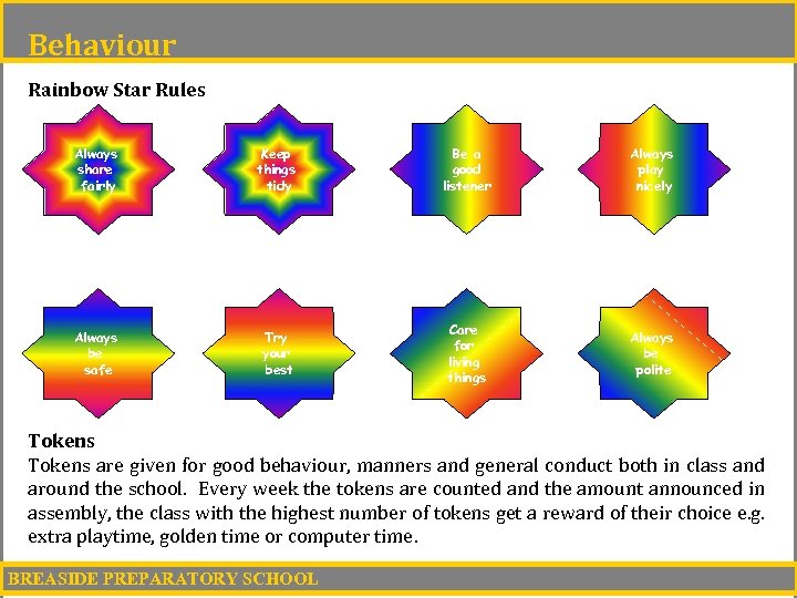 Behaviour Rainbow Star Rules Always share fairly Keep things tidy Be a good listener