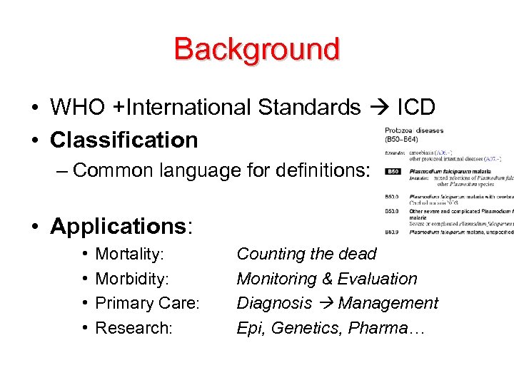 Background • WHO +International Standards ICD • Classification – Common language for definitions: •