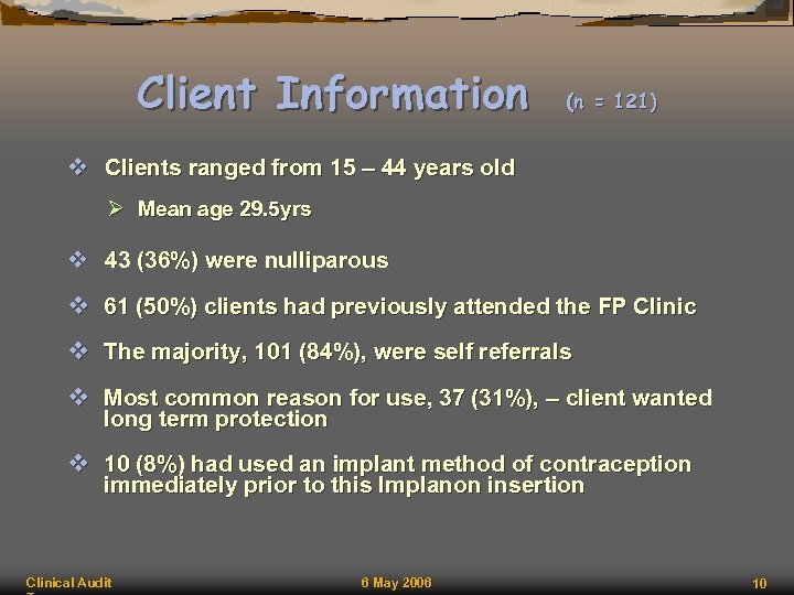 Client Information (n = 121) v Clients ranged from 15 – 44 years old