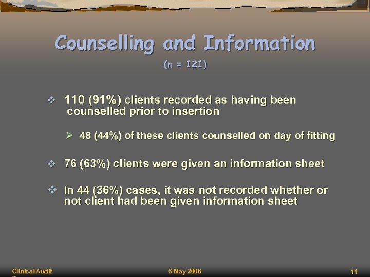 Counselling and Information (n = 121) v 110 (91%) clients recorded as having been