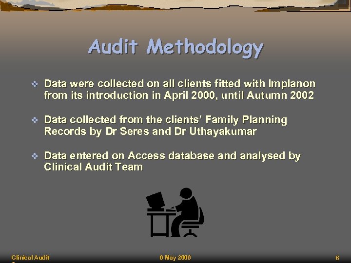 Audit Methodology v Data were collected on all clients fitted with Implanon from its