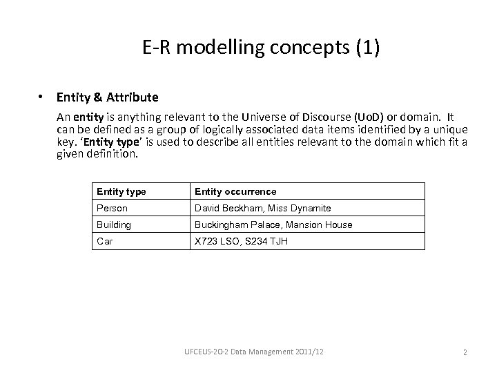 E-R modelling concepts (1) • Entity & Attribute An entity is anything relevant to