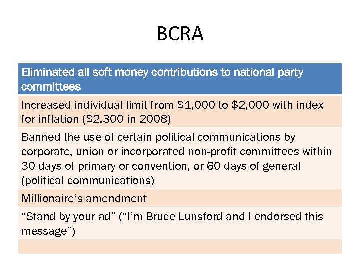 BCRA Eliminated all soft money contributions to national party committees Increased individual limit from