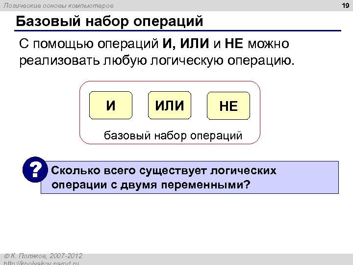 19 Логические основы компьютеров Базовый набор операций С помощью операций И, ИЛИ и НЕ