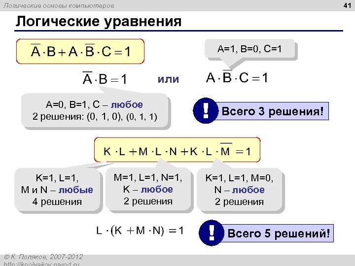 41 Логические основы компьютеров Логические уравнения A=1, B=0, C=1 или A=0, B=1, C –