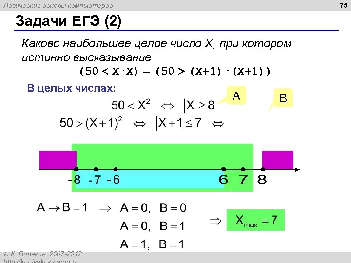 75 Логические основы компьютеров Задачи ЕГЭ (2) Каково наибольшее целое число X, при котором