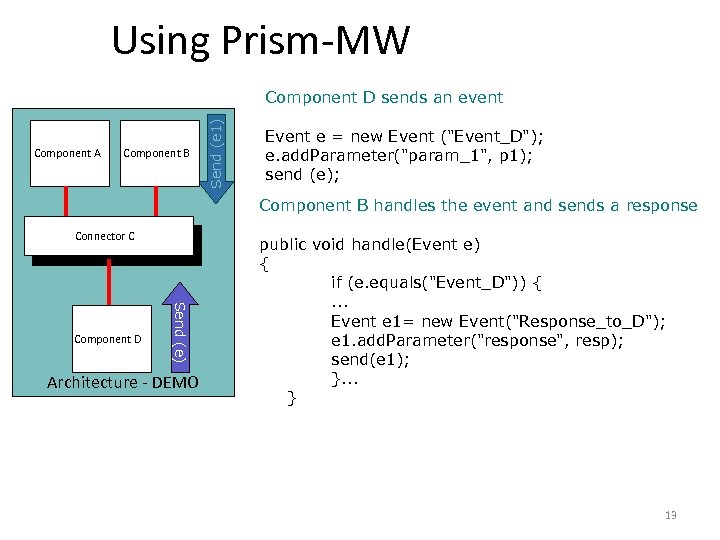 Using Prism-MW Component A Component B Send (e 1) Component D sends an event
