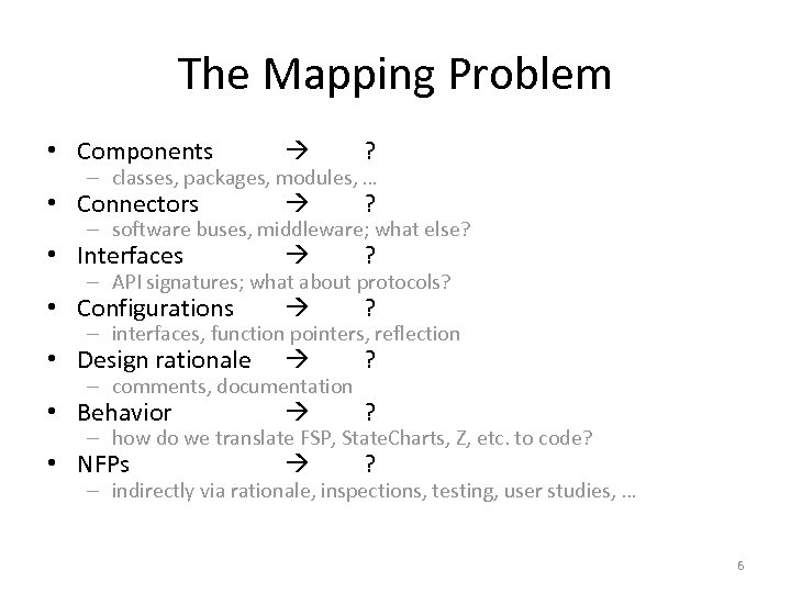 The Mapping Problem • Components ? • Connectors ? • Interfaces ? • Configurations