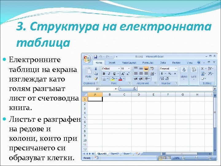 3. Структура на електронната таблица Електронните таблици на екрана изглеждат като голям разгънат лист