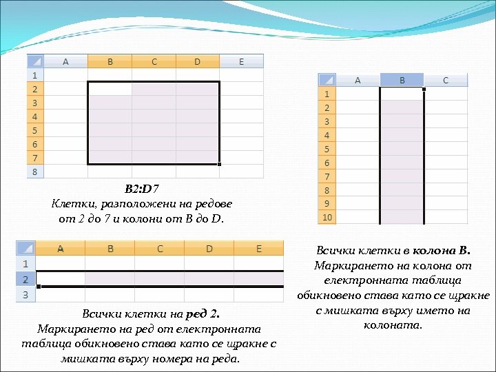 B 2: D 7 Клетки, разположени на редове от 2 до 7 и колони
