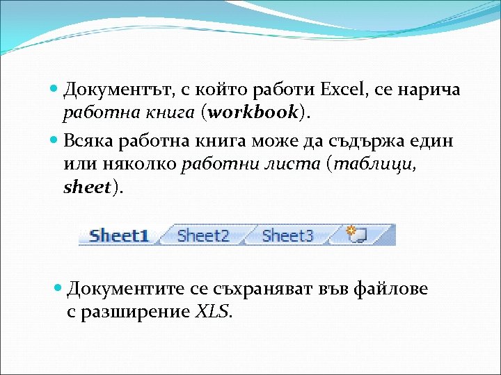  Документът, с който работи Excel, се нарича работна книга (workbook). Всяка работна книга