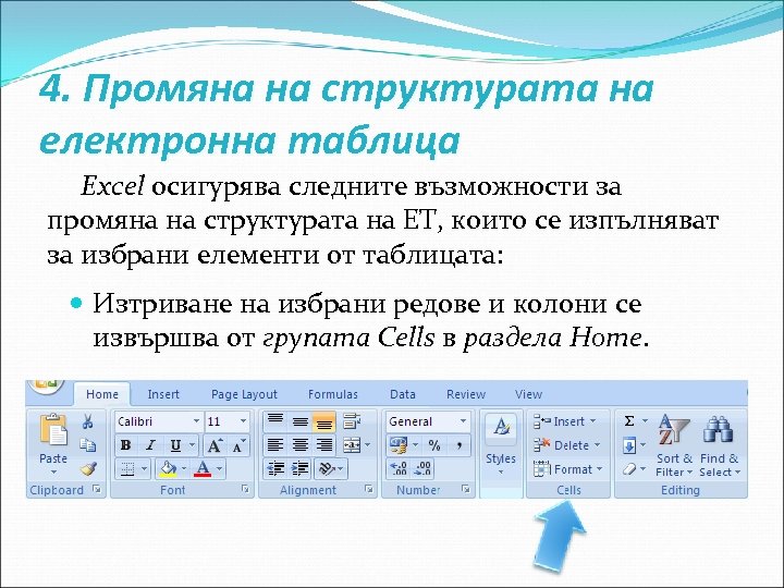 4. Промяна на структурата на електронна таблица Excel осигурява следните възможности за Excel промяна