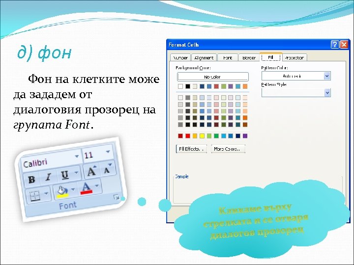 д) фон Фон на клетките може да зададем от диалоговия прозорец на групата Font