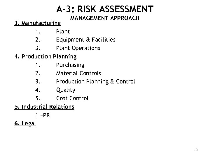 A-3: RISK ASSESSMENT MANAGEMENT APPROACH 3. Manufacturing 1. Plant 2. Equipment & Facilities 3.