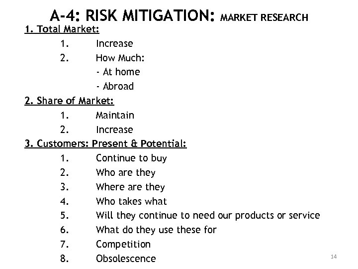 A-4: RISK MITIGATION: MARKET RESEARCH 1. Total Market: 1. Increase 2. How Much: -