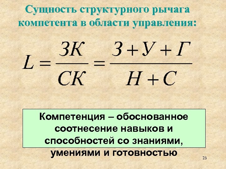 Сущность структурного рычага компетента в области управления: Компетенция – обоснованное соотнесение навыков и способностей