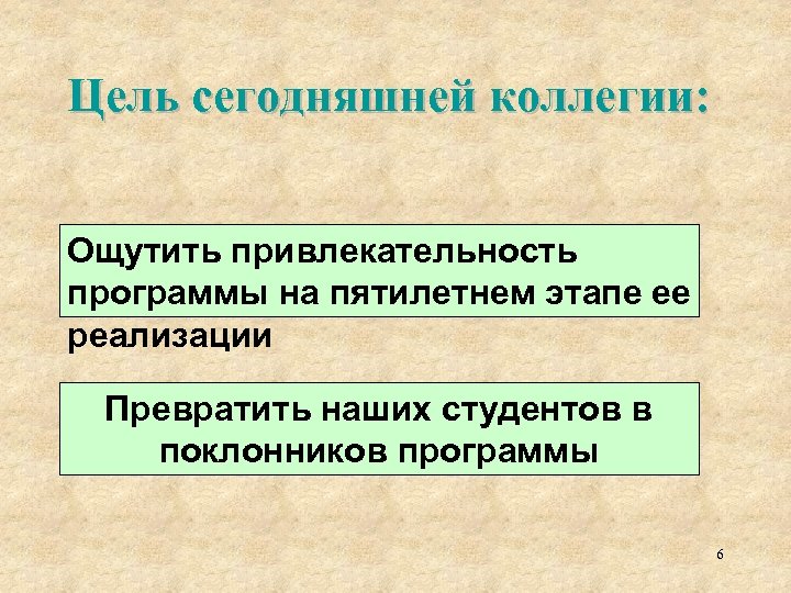 Цель сегодняшней коллегии: Ощутить привлекательность программы на пятилетнем этапе ее реализации Превратить наших студентов