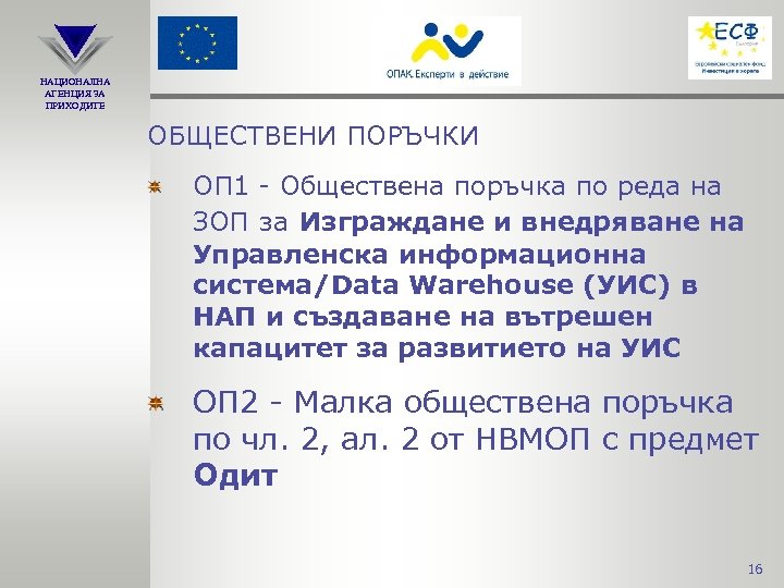 НАЦИОНАЛНА АГЕНЦИЯ ЗА ПРИХОДИТЕ ОБЩЕСТВЕНИ ПОРЪЧКИ ОП 1 - Обществена поръчка по реда на