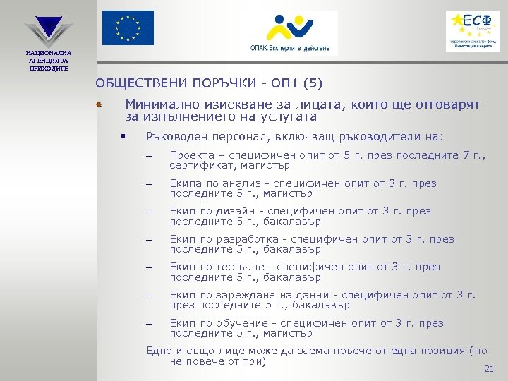 НАЦИОНАЛНА АГЕНЦИЯ ЗА ПРИХОДИТЕ ОБЩЕСТВЕНИ ПОРЪЧКИ - ОП 1 (5) Минимално изискване за лицата,