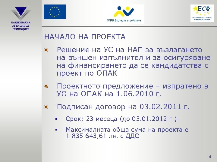 НАЦИОНАЛНА АГЕНЦИЯ ЗА ПРИХОДИТЕ НАЧАЛО НА ПРОЕКТА Решение на УС на НАП за възлагането