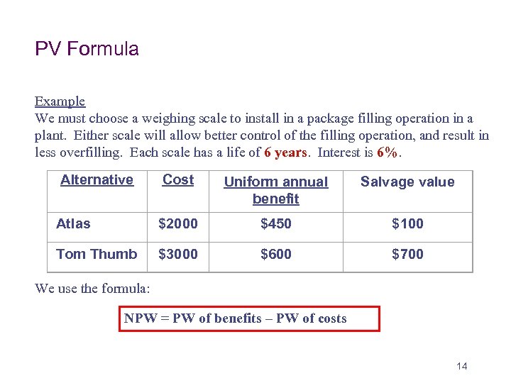 PV Formula Example We must choose a weighing scale to install in a package