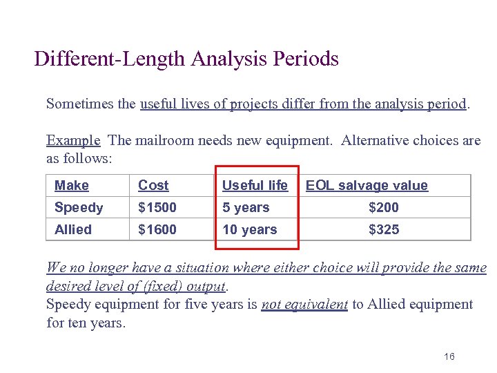 Different-Length Analysis Periods Sometimes the useful lives of projects differ from the analysis period.