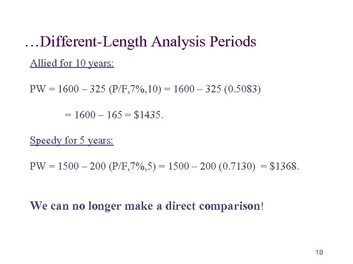 …Different-Length Analysis Periods Allied for 10 years: PW = 1600 – 325 (P/F, 7%,