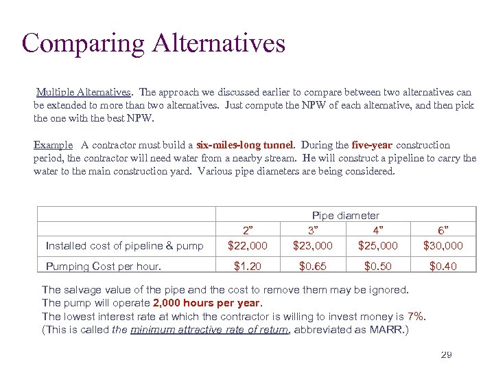 Comparing Alternatives Multiple Alternatives. The approach we discussed earlier to compare between two alternatives