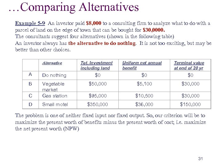 …Comparing Alternatives Example 5 -9 An investor paid $8, 000 to a consulting firm