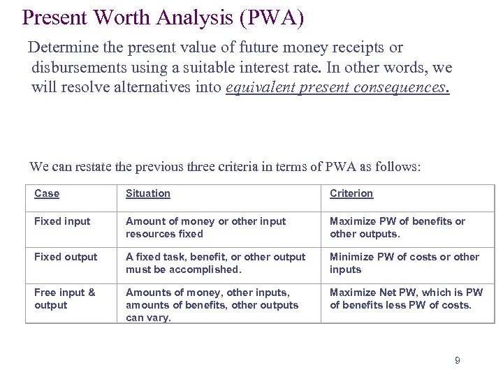 Present Worth Analysis (PWA) Determine the present value of future money receipts or disbursements