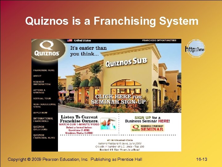 Quiznos is a Franchising System Copyright © 2009 Pearson Education, Inc. Publishing as Prentice