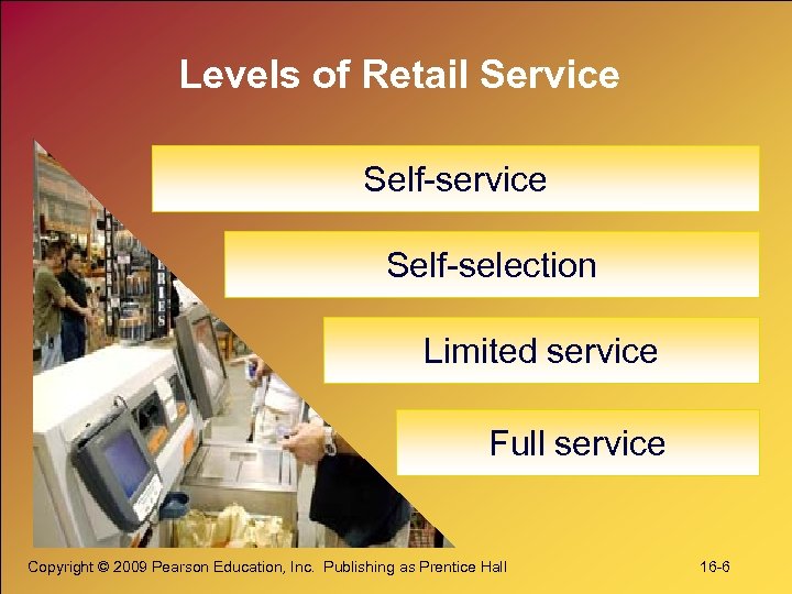 Levels of Retail Service Self-selection Limited service Full service Copyright © 2009 Pearson Education,