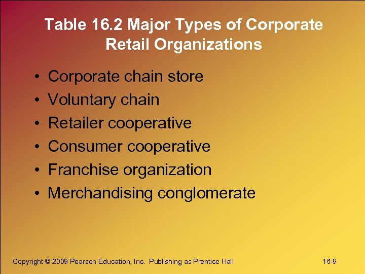 Table 16. 2 Major Types of Corporate Retail Organizations • • • Corporate chain