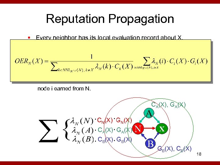 Reputation Propagation § Every neighbor has its local evaluation record about X. § Everyone