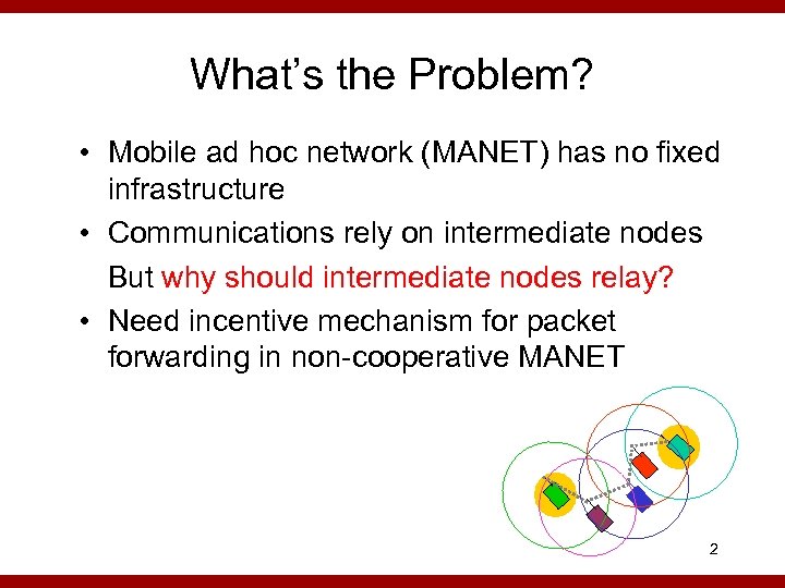 What’s the Problem? • Mobile ad hoc network (MANET) has no fixed infrastructure •