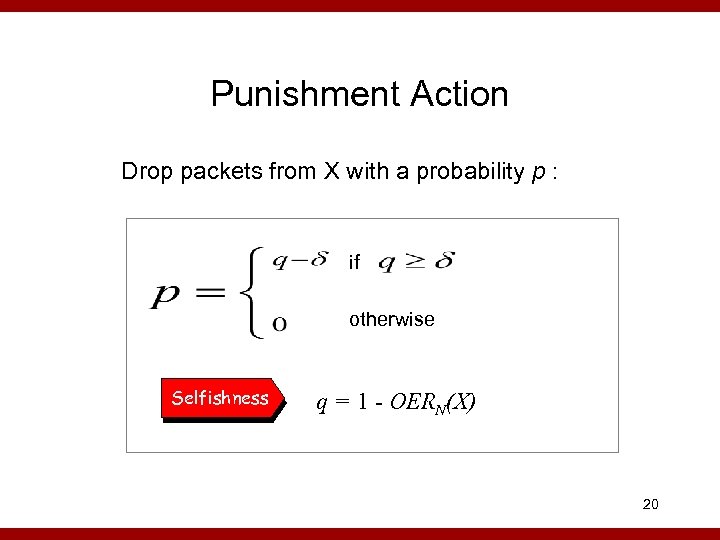 Punishment Action Drop packets from X with a probability p : if otherwise Selfishness