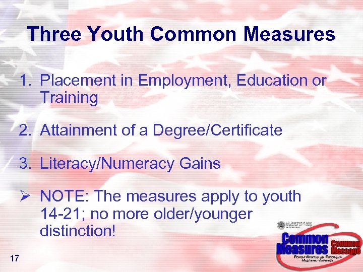 Three Youth Common Measures 1. Placement in Employment, Education or Training 2. Attainment of