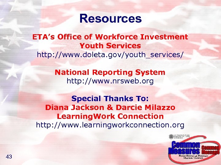 Resources ETA’s Office of Workforce Investment Youth Services http: //www. doleta. gov/youth_services/ National Reporting