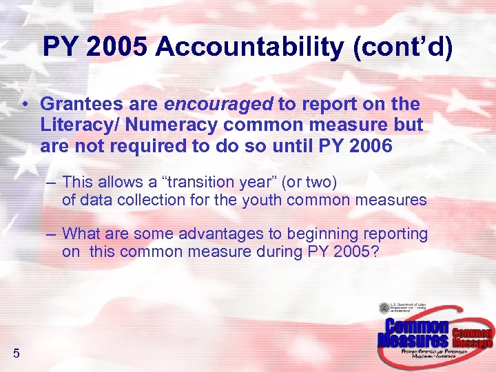 PY 2005 Accountability (cont’d) • Grantees are encouraged to report on the Literacy/ Numeracy