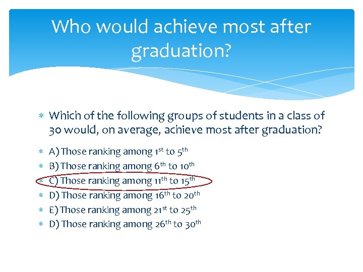 Who would achieve most after graduation? Which of the following groups of students in