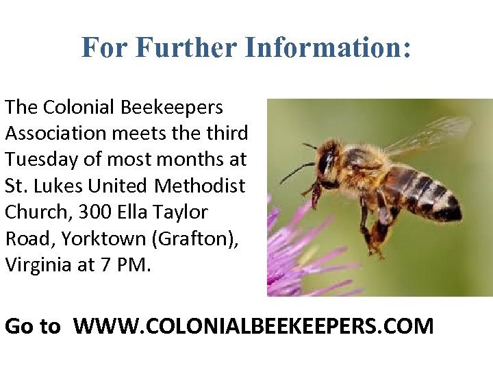 For Further Information: The Colonial Beekeepers Association meets the third Tuesday of most months