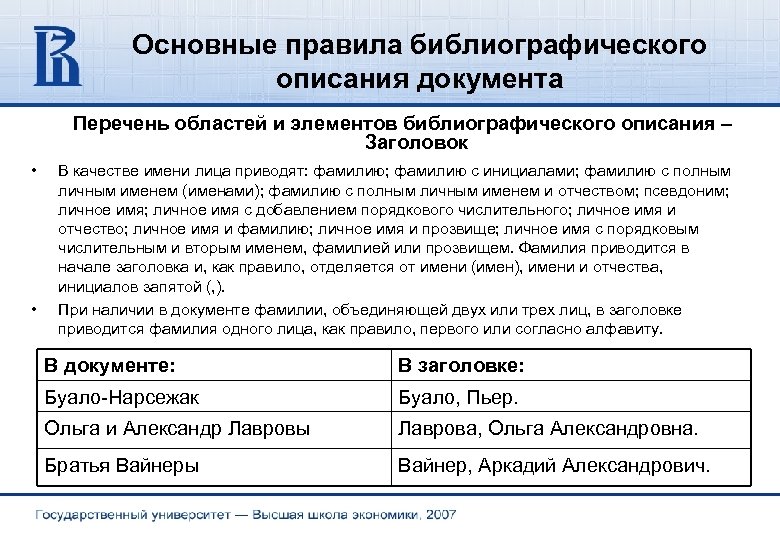 Основные правила библиографического описания документа Перечень областей и элементов библиографического описания – Заголовок •