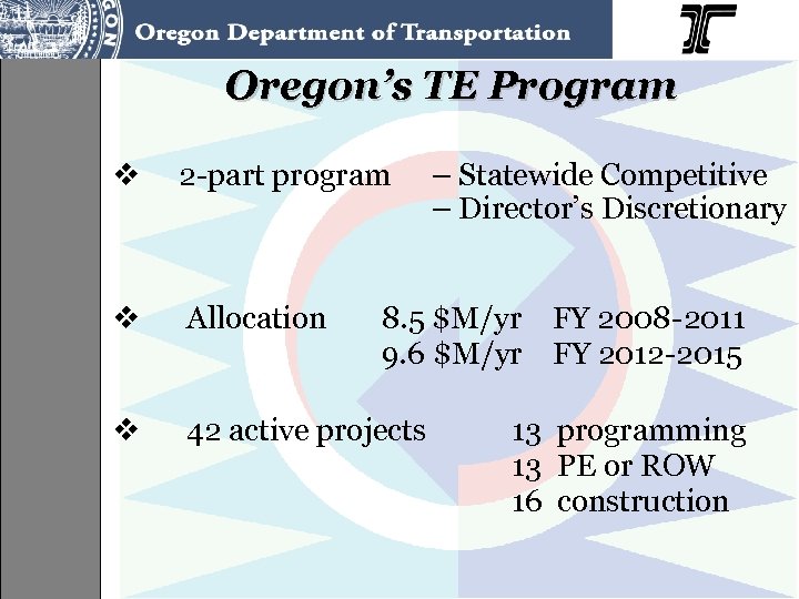 Oregon’s TE Program v 2 -part program v Allocation v 42 active projects –