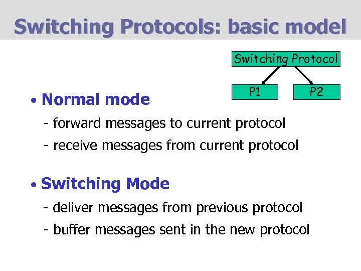 Switching Protocols: basic model Switching Protocol • Normal mode P 1 - forward messages
