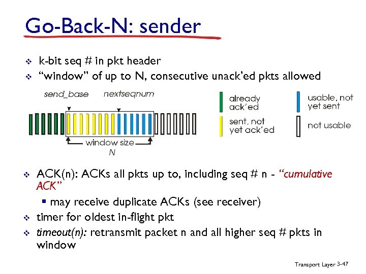 Go-Back-N: sender v v v k-bit seq # in pkt header “window” of up