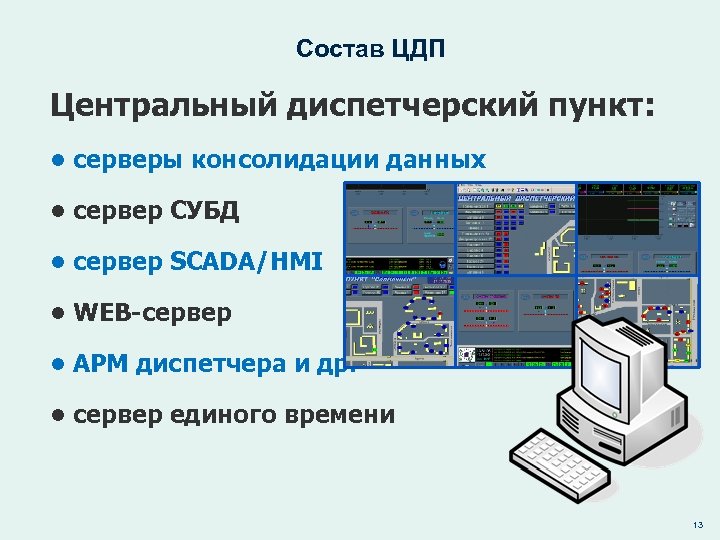 Состав ЦДП Центральный диспетчерский пункт: • серверы консолидации данных • сервер СУБД • сервер