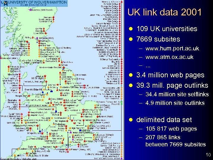 UK link data 2001 l 109 UK universities l 7669 subsites – www. hum.
