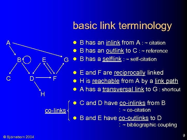basic link terminology l B has an inlink from A : ~ citation A