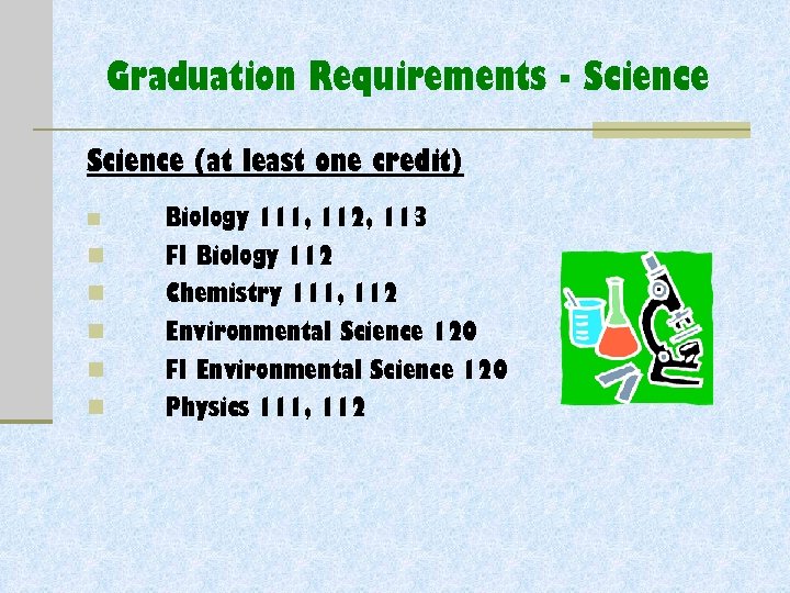 Graduation Requirements - Science (at least one credit) n n n Biology 111, 112,